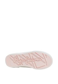 Bijela gumenica s teksturiranim ružičastim gumiranim dnom koje sadrži geometrijski uzorak i utisnutu oznaku "Pepe Jeans".