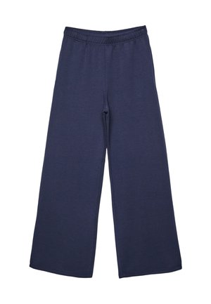 Navy blue wide-leg sweatpants with elastic waistband, flat front, and simple hem detail.
