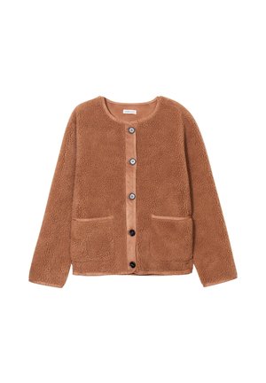 Cardigan de lana marrón con cuello redondo, cierre de botones, dos bolsillos frontales y textura suave. Cuenta con un ribete de tejido liso en contraste.