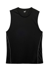 Maglietta atletica nera senza maniche realizzata in tessuto liscio, con colletto a girocollo e sottili accentuazioni grigie sui lati. Design leggero e flessibile.