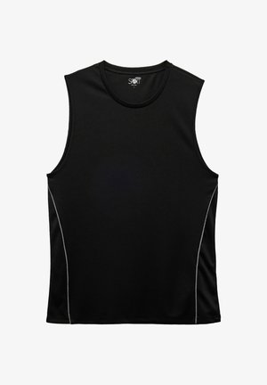 Black sleeveless athletic shirt made from smooth fabric, featuring a crew neck and subtle grey side panel accents. Lightweight and flexible design.