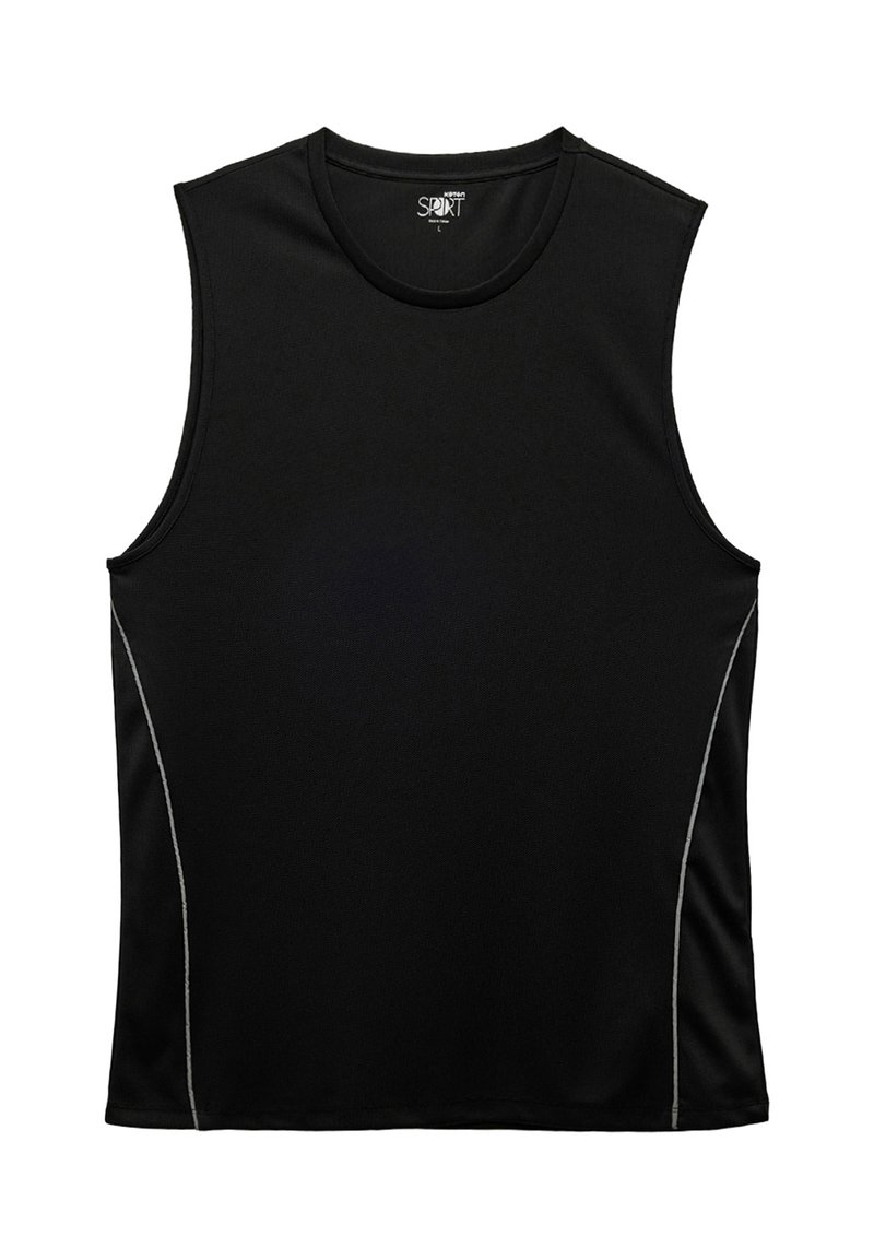 Maglietta atletica nera senza maniche realizzata in tessuto liscio, con colletto a girocollo e sottili accentuazioni grigie sui lati. Design leggero e flessibile.