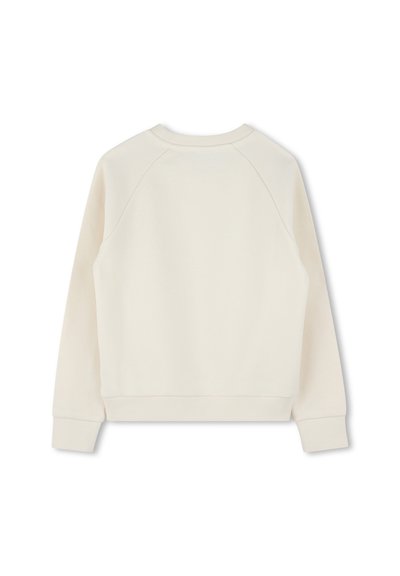 Sweatshirt couleur crème avec un col rond, des poignets et un ourlet côtelés, une texture lisse et un design à manches raglan.