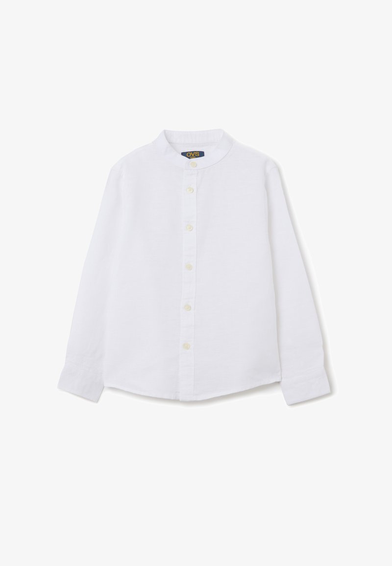 Camicia bianca a maniche lunghe con colletto a band, cinque bottoni dorati davanti e un tessuto leggermente testurizzato.