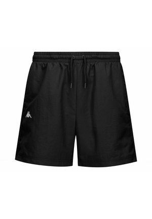 Pantaloni corti sportivi neri realizzati in materiale leggero, con una vita elastica dotata di cordino e un piccolo logo sul lato sinistro.