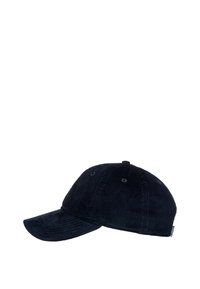 Sort corduroy baseball cap med buet skygge og seks syede paneler, vist fra højre side på en hvid baggrund.