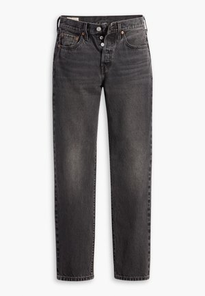 Jeans in denim grigio scuro con taglio dritto, caratterizzati da una chiusura con bottoni, texture consumata e una leggera sfumatura sui pannelli anteriori.