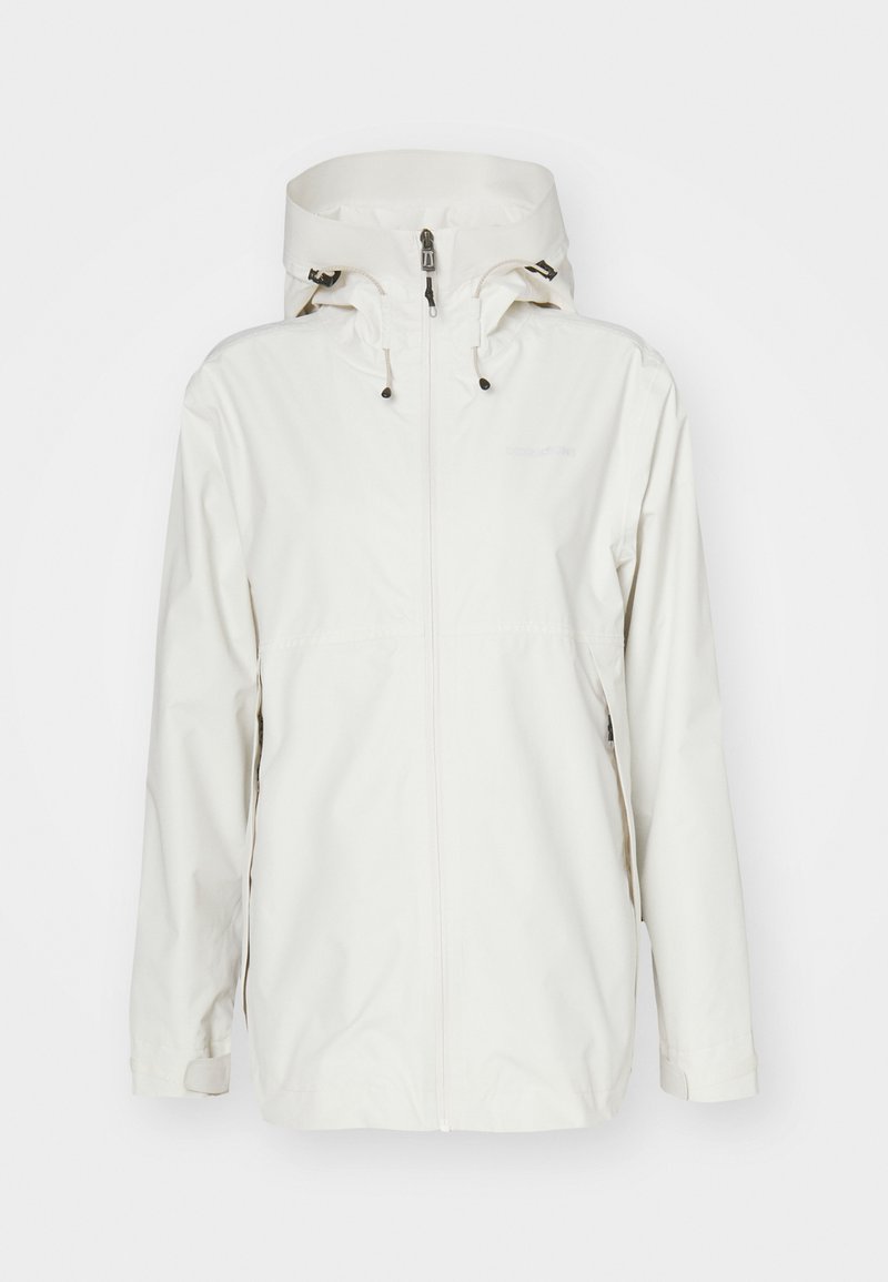 Weiße wasserdichte Jacke mit hohem Kragen, verstellbaren Kordelzügen und Reißverschluss auf der Vorderseite. Verfügt über Seitentaschen und eine glatte Textur.