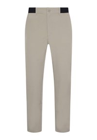 Pantalons beiges à coupe droite, dotés d'une taille élastique noire et d'une fermeture à bouton à l'avant. Tissu lisse sans motifs.