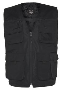 Black vest with a zip front, multiple front pockets, and mesh detailing at the shoulders. Made of durable fabric with a smooth texture.