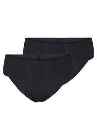 Mutande nere senza cuciture con una cintura larga e un tessuto liscio e elasticizzato. Sono mostrati due paia, caratterizzati da un design semplice e senza motivi.