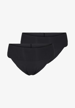 Svart sömlös underkläder med ett brett midjeband och ett mjukt, stretchigt tyg. Två par visas, med en enkel design utan mönster.