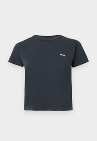 Svart bomull t-skjorte med kort erme og rund hals, med en hvit "obey" logo trykket på venstre bryst. Klassisk passform og glatt tekstur.