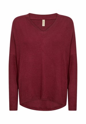 Burgundy pitkähihaine paita, jossa on V-pääntie, rento istuvuus ja löysä siluetti. Pehmeä kangas, jossa on sileä pinta ja pyöristetty helma.