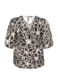 Blusa corta a maniche corte con motivo floreale nero e beige, dotata di scollatura a V e dettagli con nodo sul retro. Tessuto leggero con un aspetto testurizzato.