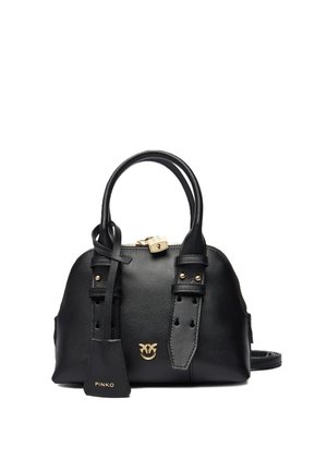 Zwarte leren handtas met twee handvatten, een gouden ritssluiting, een gouden logo-embleem en een afneembare label met de tekst "PINKO" aan de voorkant.