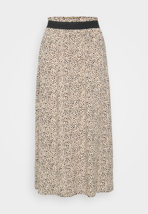Krémová midi sukňa s čiernym leopardím vzorom, s čiernym elastickým pásom a mäkkou, splývavou látkou.
