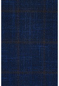 Niebieski materiał z wzorem w kratę. Tkanina charakteryzuje się teksturowanym splotem, łączącym ciemnoniebieskie i czarne nici dla uzyskania głębi.