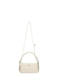 Borsa a tracolla in pelle crema con manico intrecciato e una lunga tracolla regolabile. Presenta un accento in logo argento sulla parte anteriore. Texture liscia.