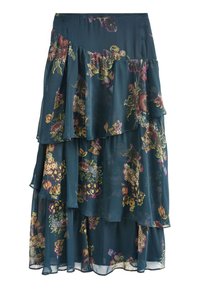Lagskirt i teal chiffon med blomstermønster i nuancer af pink, gul og brun. Har rynkede lag for ekstra tekstur.