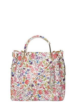 Sac à main blanc avec des motifs floraux colorés et de serpents, poignées en métal doré, et une bandoulière ajustable assortie avec un détail de frange.