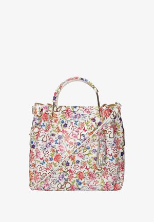 Sac à main blanc avec des motifs floraux colorés et de serpents, poignées en métal doré, et une bandoulière ajustable assortie avec un détail de frange.