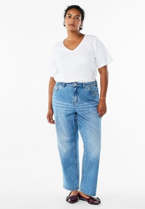Light blue, high-waisted jeans with a straight-leg cut, paired with a white V-neck t-shirt. Smooth denim fabric with subtle fading.