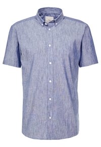 Korte mouwen overhemd met knopen in lichtblauwe linnenmix met een gestructureerde afwerking, voorzien van een klassieke kraag en witte knopen aan de voorkant.