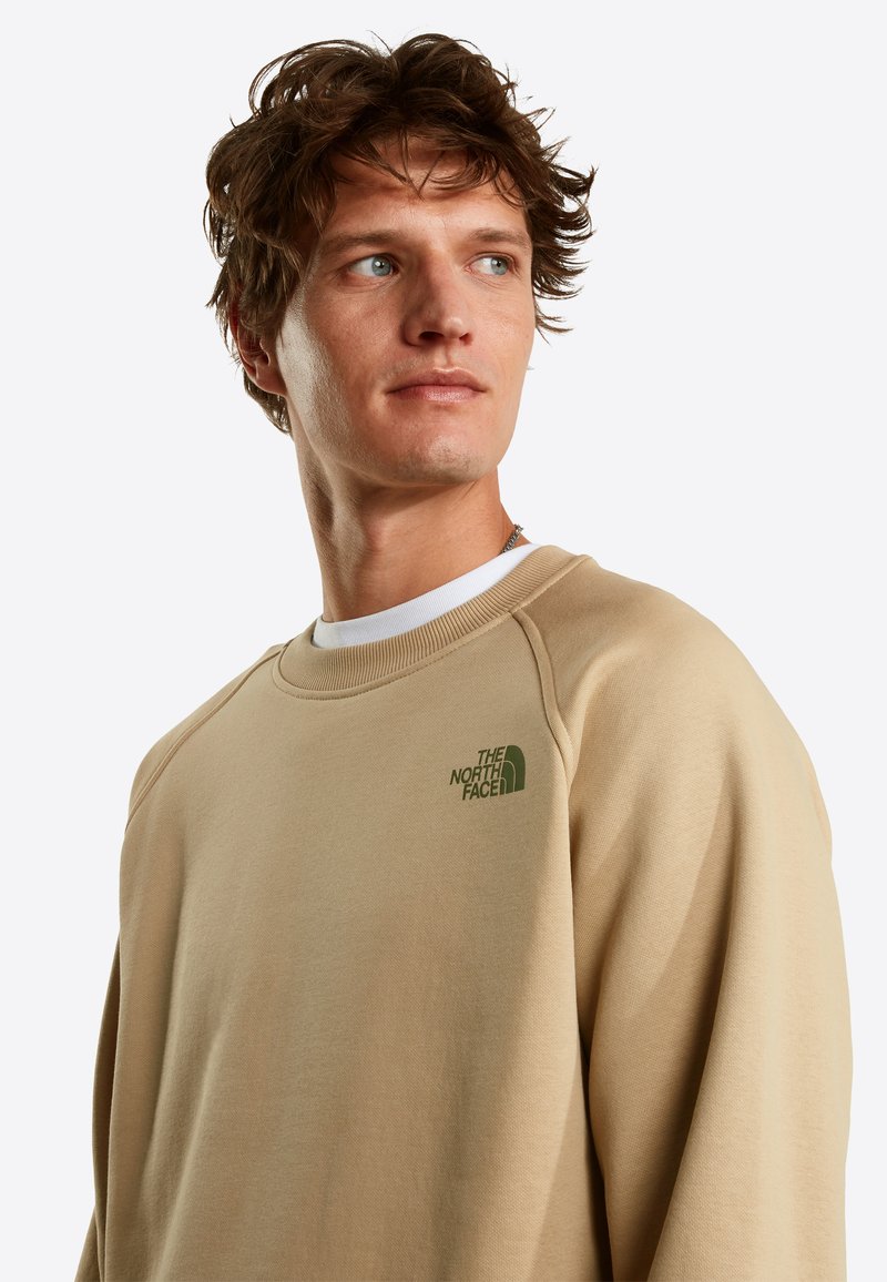 Young man with tousled brown hair wearing a beige The North Face sweatshirt, looking to the side against a plain white background.