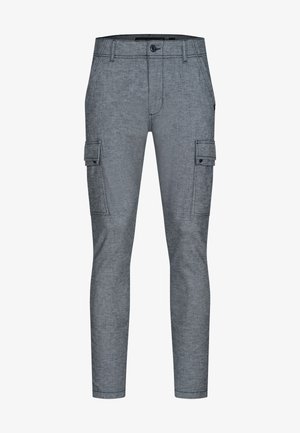 Grå cargo bukser med teksturert stoff, som har to sidelommer, en tettsittende design, og en vanlig knappelukking i livet.