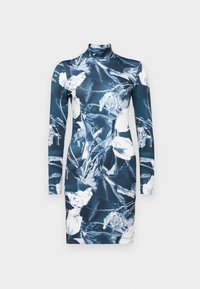 Φόρεμα με μακριά μανίκια και ψηλό γιακά, με μπλε λουλούδια και εφαρμοστή σιλουέτα, κατασκευασμένο από λείο, ελαστικό ύφασμα.