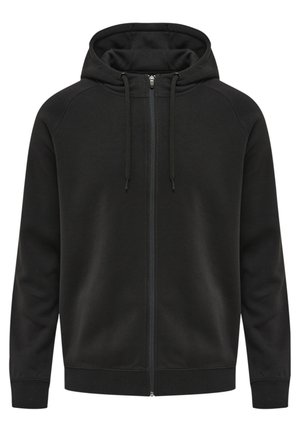 Schwarze Zip-Up-Hoodie aus weichem Material mit einer Kängurutasche, Zugbändern an der Kapuze und gerippten Bündchen und Saum.