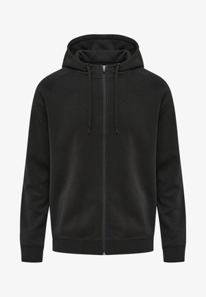 Schwarze Zip-Up-Hoodie aus weichem Material mit einer Kängurutasche, Zugbändern an der Kapuze und gerippten Bündchen und Saum.