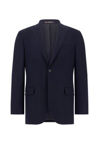 Marinblå kavaj i fiskbensmönster med två framfickor, en enkel knappstängning, slagkrage och ofodrad insida.