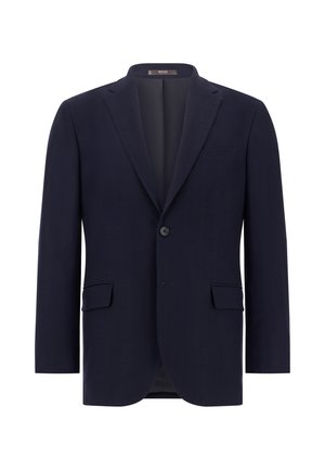 Blazer bleu marine avec un motif en chevron, deux poches avant, une fermeture à un bouton, des revers crantés et un intérieur non doublé.