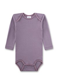 Langärmliger Baby-Body in Lavendel mit pinkfarbenen Akzenten, Umschlagkragen und Druckknopfverschluss im Schritt vor weißem Hintergrund.