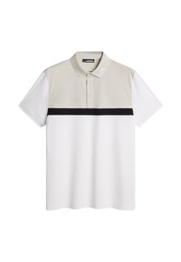 Pikétröja i ljusgrått och vitt, med ett svart horisontellt rand. Tillverkad av mjukt tyg, korta ärmar och en knäppbar krage.