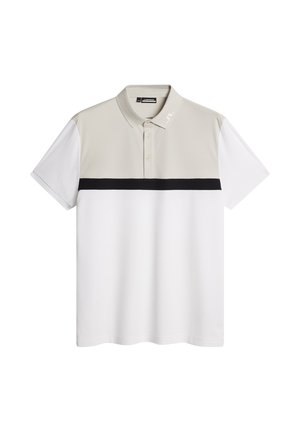 Koszulka polo w jasnoszarym i białym kolorze, z poziomą czarną paskiem. Wykonana z gładkiego materiału, z krótkim rękawem i kołnierzykiem zapinanym na guziki.