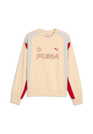Beżowa bluza Puma z długim rękawem, z jasnoszarymi i czerwonymi paskami na rękawach oraz czerwonym logo "PUMA" na przodzie.
