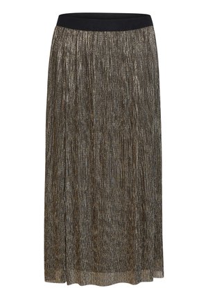 Metallic pleated skirt featuring a black elastic waistband, with shimmering gray and gold textures throughout the fabric.