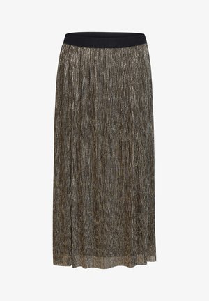 Metallic pleated skirt featuring a black elastic waistband, with shimmering gray and gold textures throughout the fabric.