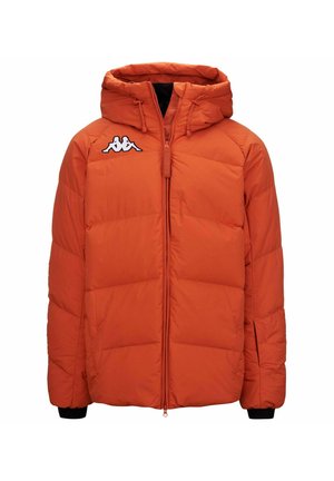 Giacca a vento arancione con cappuccio, caratterizzata da un design trapuntato, polsini elasticizzati e un logo a contrasto sul petto. Chiusura frontale con zip.