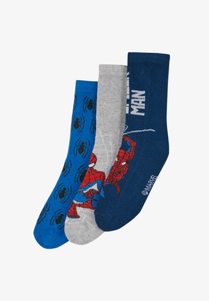 Three pairs of socks: one blue with black spider prints, one gray, and one navy featuring a Spider-Man graphic and white text.