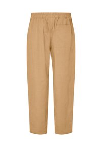 Lichtbruine linnen broek met een elastische tailleband en een enkele achterzak. Rechtermansontwerp, enkel-lange snit.