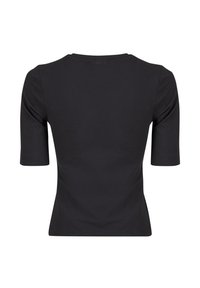 Chemise noire cintrée à manches courtes avec encolure ronde, vue de dos, présentant un tissu lisse et des manches mi-longues.