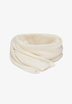 Cream-colored, soft fabric scarf with a smooth texture, featuring a draped design and multiple layers. Simple, unembellished style.