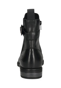 Schwarze Knöchelstiefel aus glattem Leder, mit einem eleganten Design, einem Reißverschluss hinten, einem Akzentriemen mit Schnalle und einem niedrigen, gestapelten Absatz.