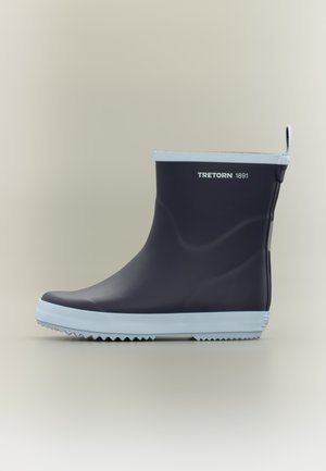 Navy rubber boot with a textured sole, light blue accents at the top and base, and "TRETORN 1891" logo on the side.
