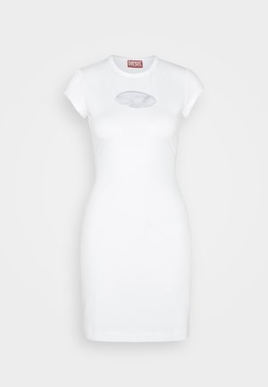White fitted dress with short sleeves, round neck, featuring a silver logo on the chest. Made of a smooth, stretchy fabric.