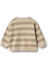 Beige och brun randig stickad tröja med rund hals, sänkt axel och ribbade ärmslut och nederkant. Mjuk textur, avslappnad design.
